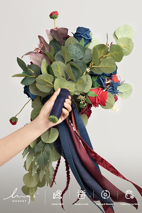 Artificial Flowers Cascading Bridal Bouquet, Burgundy Navy Blue, 15in