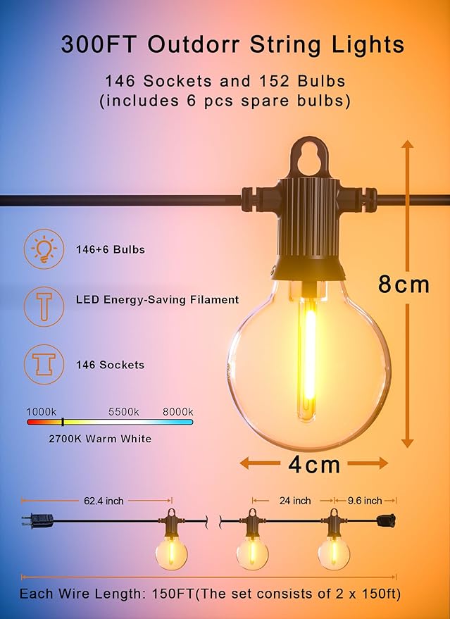 String Lights 300ft Outdoor Waterproof G40 Globe Bulbs, Dimmable
