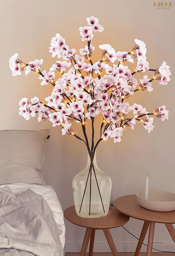 Artificial Flowers: Pink Cherry Blossom Branches with 60 LED Lights, 30 Inch