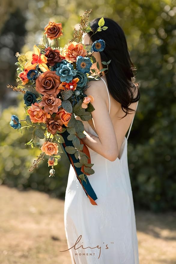 Artificial Bridal Bouquet, Teal and Burnt Orange Silk Cascade, 13 x 20 in