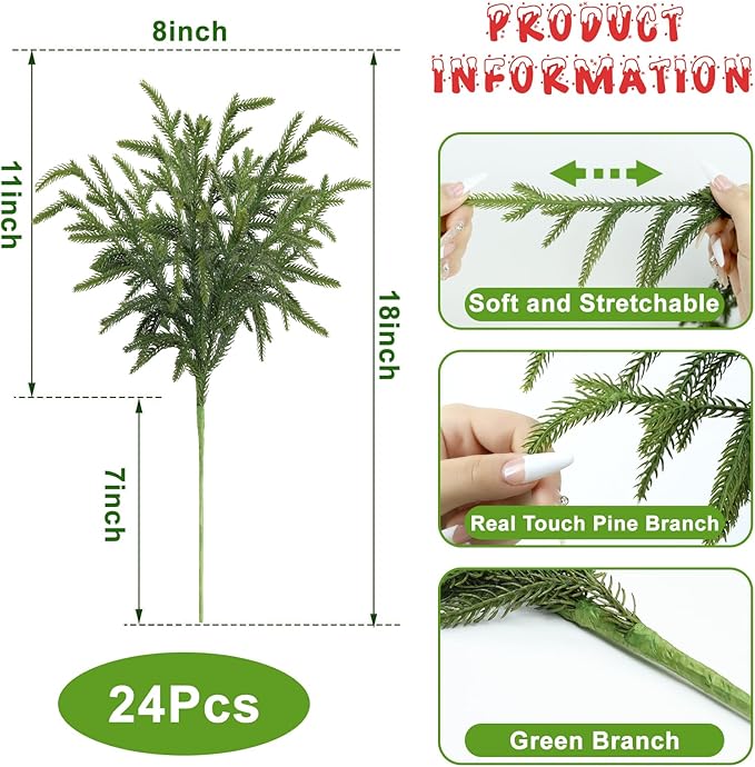 Artificial Pine Branches, 24 Pcs 18 Inch Green Stems with Wire