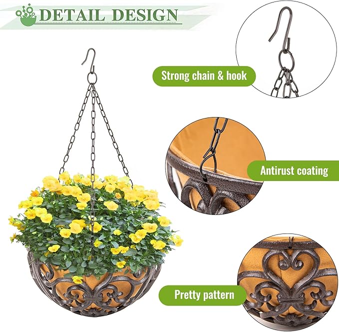 Hanging Planters, 2-Pack Round Cast Iron Baskets with Fiber Liner in Brown