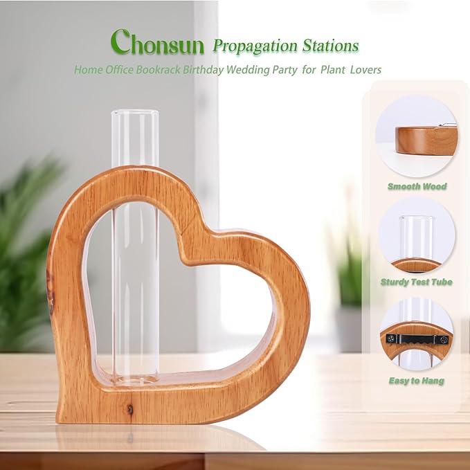 Terrarium Heart Shaped Glass Tube Plant Stand, Pine Wood, Brown