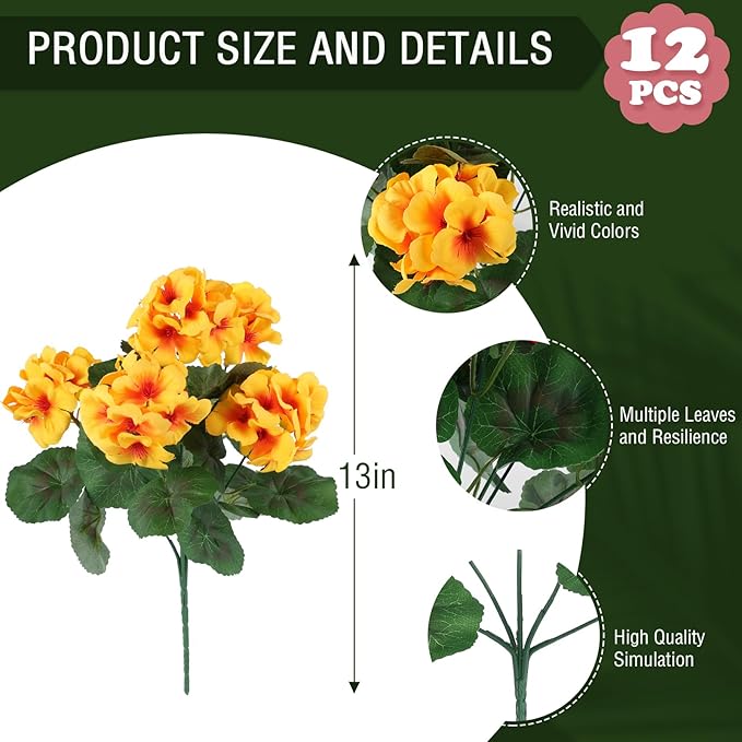 Artificial Geranium Flowers, Yellow Silk, 6 Bundles for Indoor/Outdoor Decor