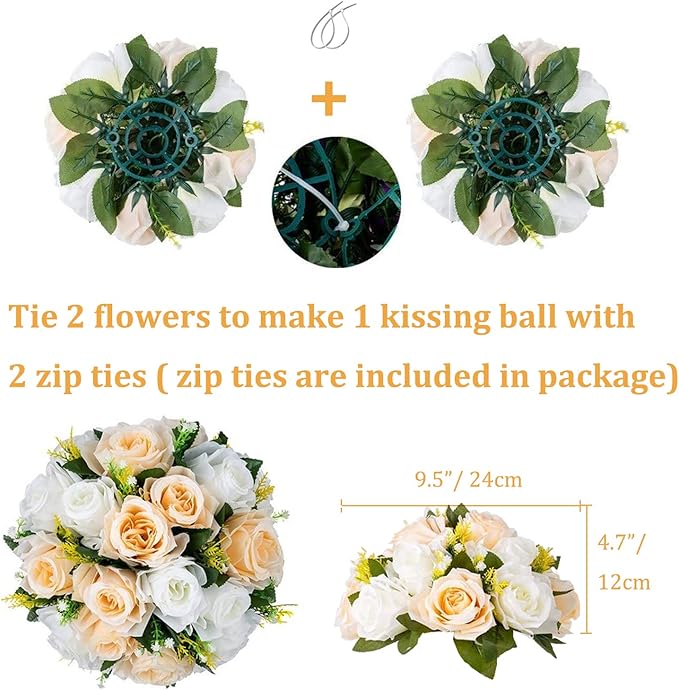 Artificial Flower Balls, Peach Champagne & White Faux Silk Rose Centerpiece