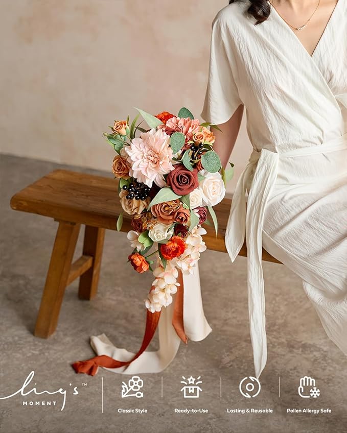 Artificial Flowers Bridal Bouquet, Terracotta Cascade, Silk