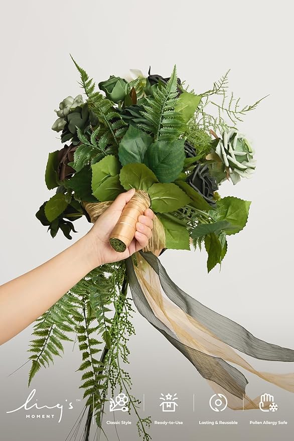 Artificial Flowers Forest Green Cascading Bridal Bouquet, 13 Inch Silk