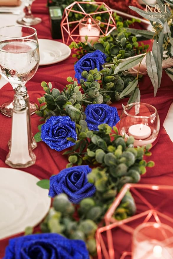 Artificial Flowers, 50 Glitter Blue Foam Roses with 8.2-Inch Stems