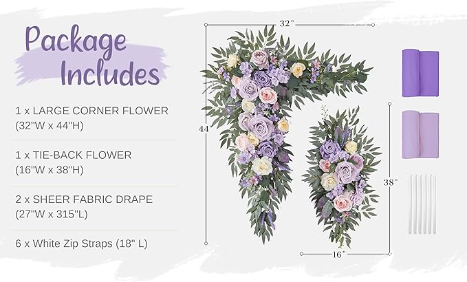 Artificial Flowers Lilac Silk Wedding Arch Decor Set, Sheer Drapes Included
