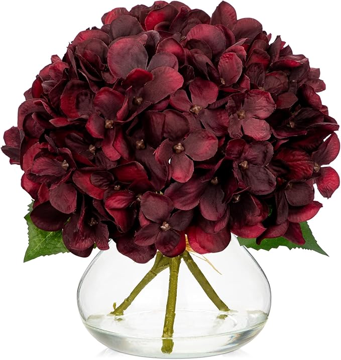 Artificial Flowers, Dark Red Hydrangea Arrangement with Glass Vase