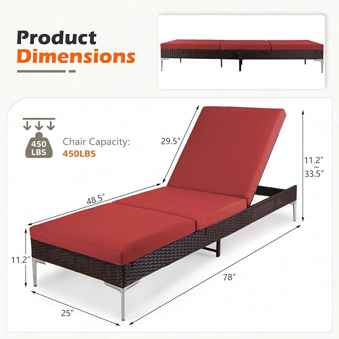 HOMREST Outdoor Lounge Chairs Set of 4, Patio Wicker Chaise Lounge - Image 3