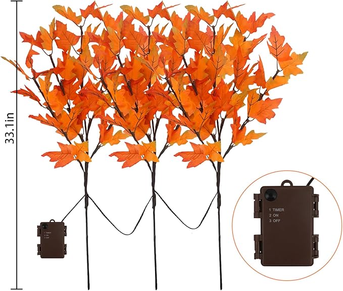 Artificial Fall Maple Leaf Branches, 3 Pcs Lighted Orange Stems with Timer