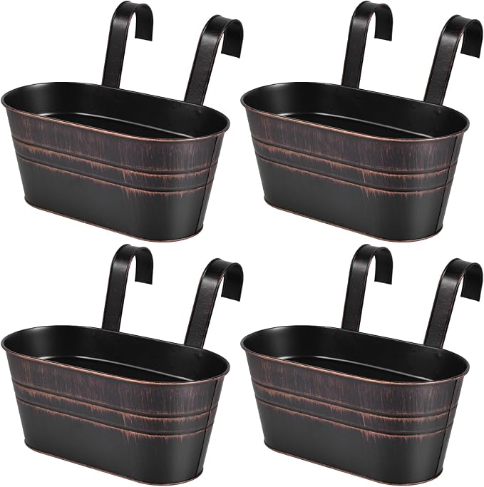 OBTANIM 4 Pack Metal Hanging Flower Pots Iron Railing Planter Outdoor Fence by OBTANIM