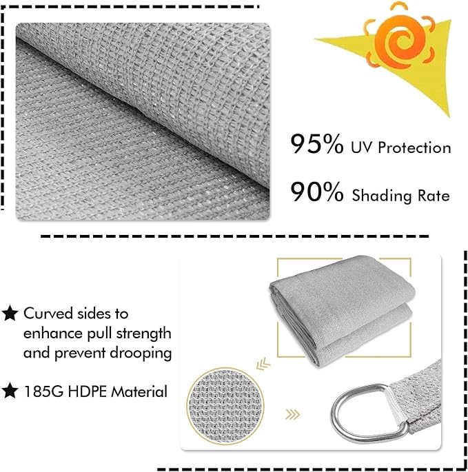 KANAGAWA Sun Shade Sail Curved 24'X24' Grey Rectangle Outdoor Shade Cover UV - Image 6