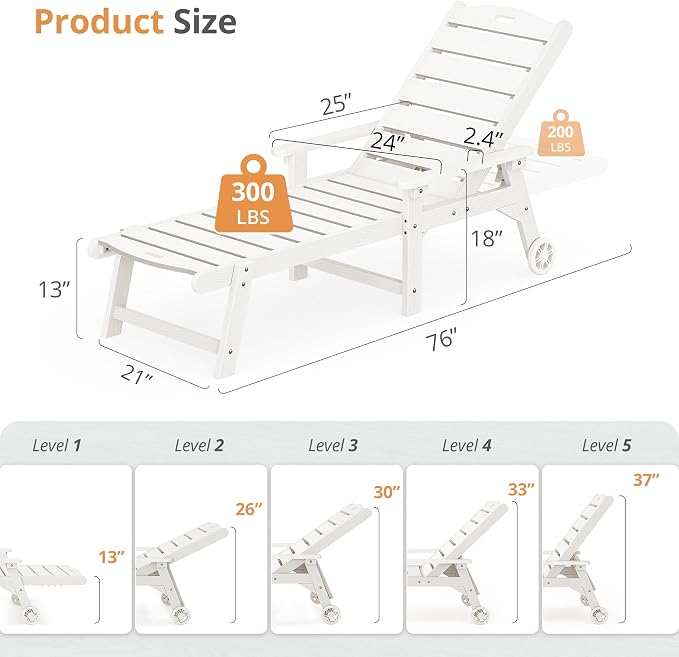 LUE BONA Outdoor Chaise Lounge, HDPS Chaise Lounger, 5 Positions Adjustable - Image 2