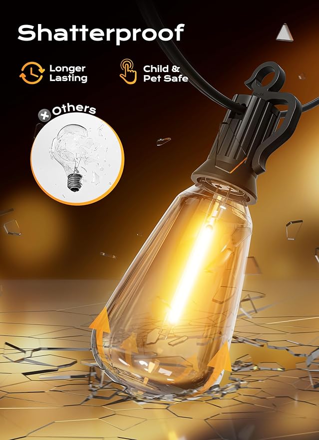 String Lights, 100ft Warm White Outdoor Patio Lights with 32 Shatterproof Bulbs