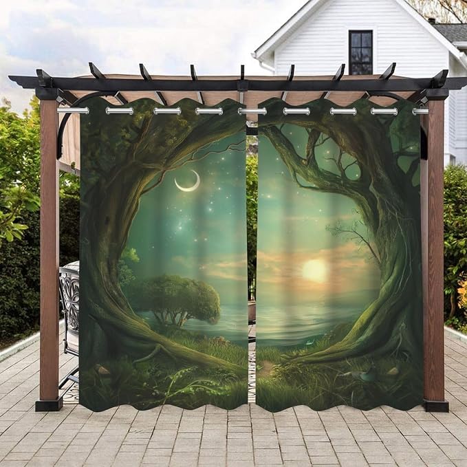 Forest Theme Waterproof Indoor/Outdoor Curtains, Trees Moon Lake Pattern by Lirduipu