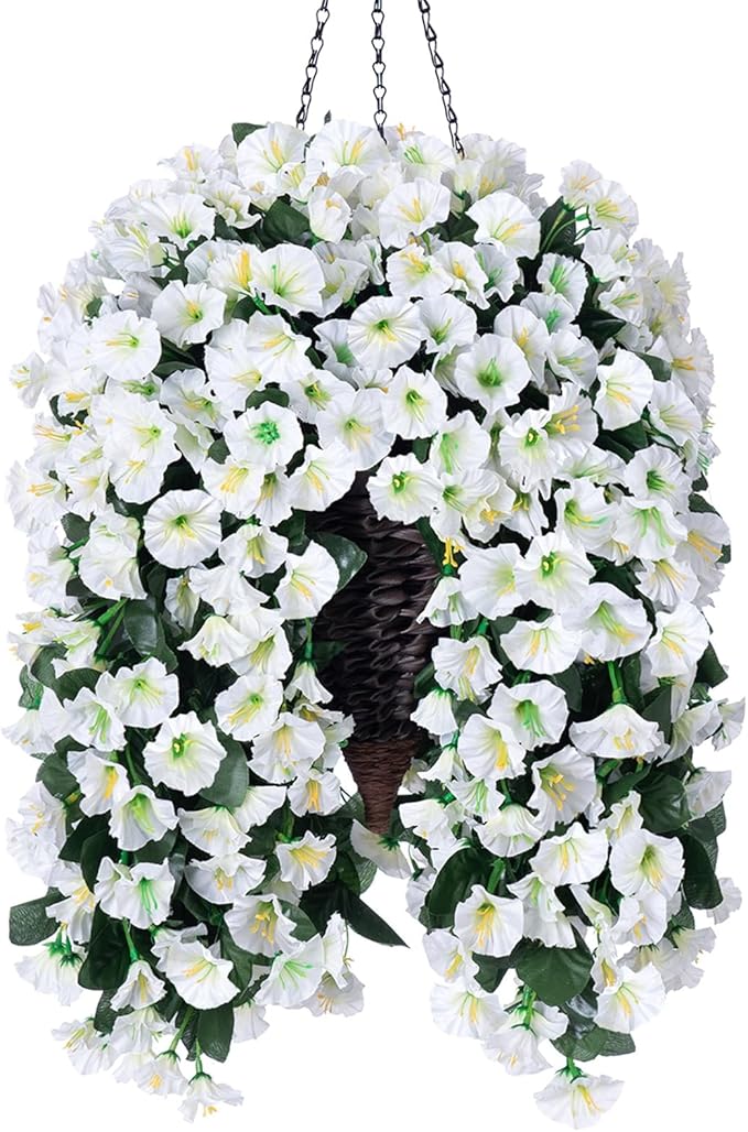 Artificial Flowers Hanging Basket, White Silk Orchid, 11 Inch Tall