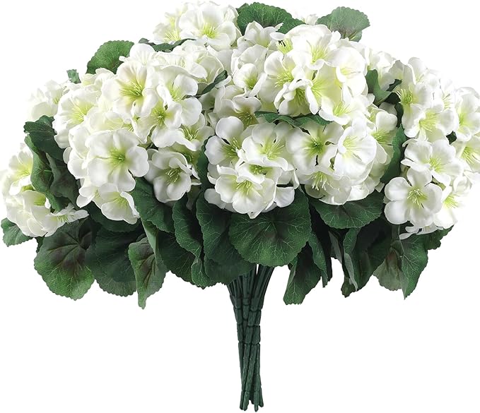 Artificial Geranium Flowers, White Silk, UV Resistant, 6 Bundles