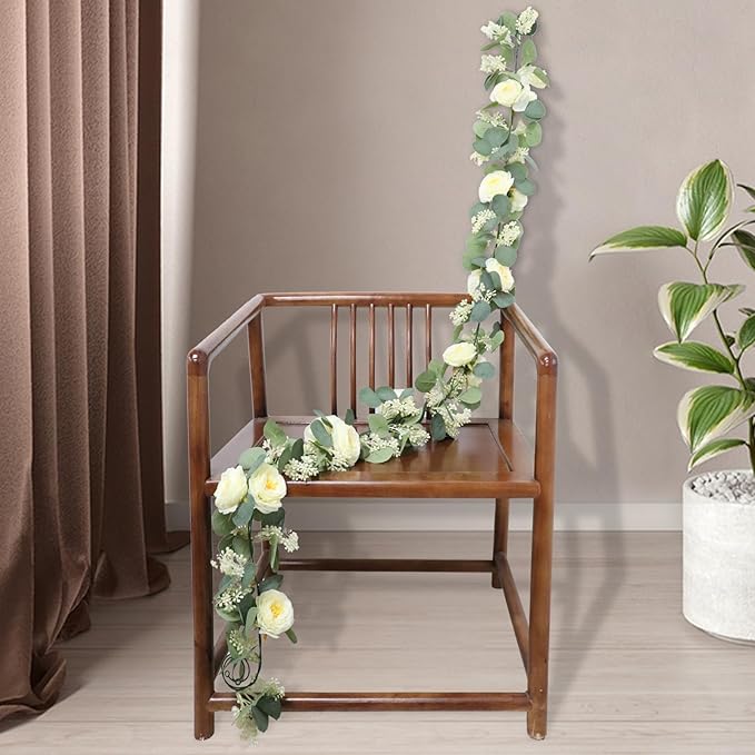 Artificial Eucalyptus Garland with Champagne Roses, 2 Pack
