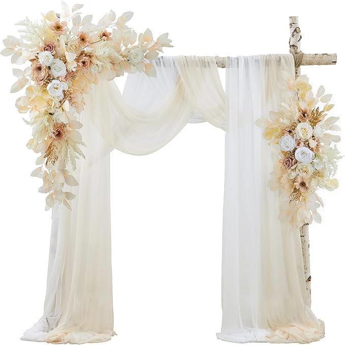 Artificial Flowers Wedding Arch Kit, Beige Silk Roses with Sheer Drapes