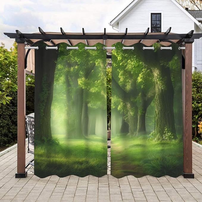 Forest Theme Outdoor Curtains for Patio Waterproof, Dawn Trees Jungle Pattern by Lirduipu