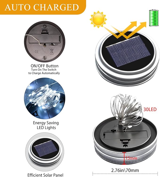 String Lights 12-Pack Solar Mason Jar Lights, Cool White LED