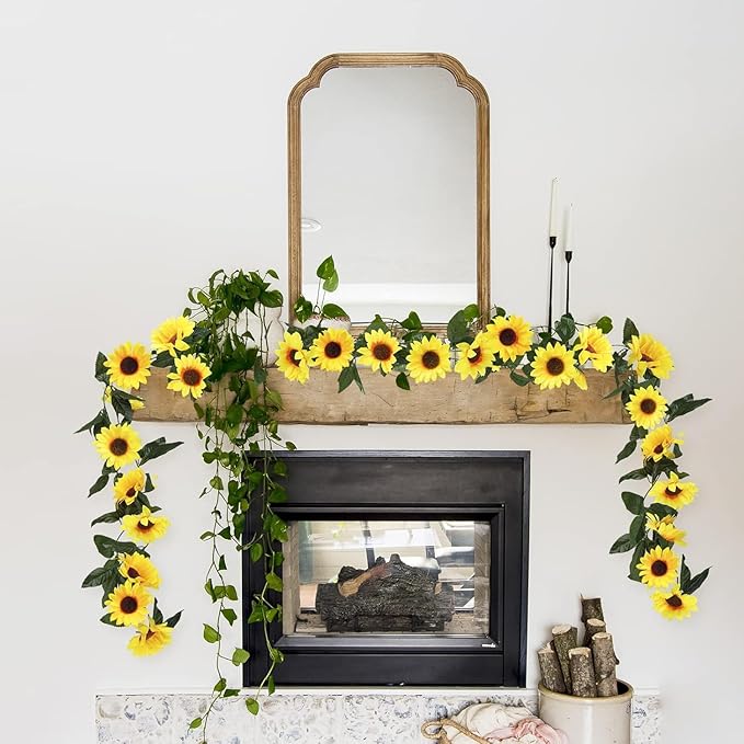Artificial Sunflower Garland, 7.5 Ft Silk Vines in Yellow and Green