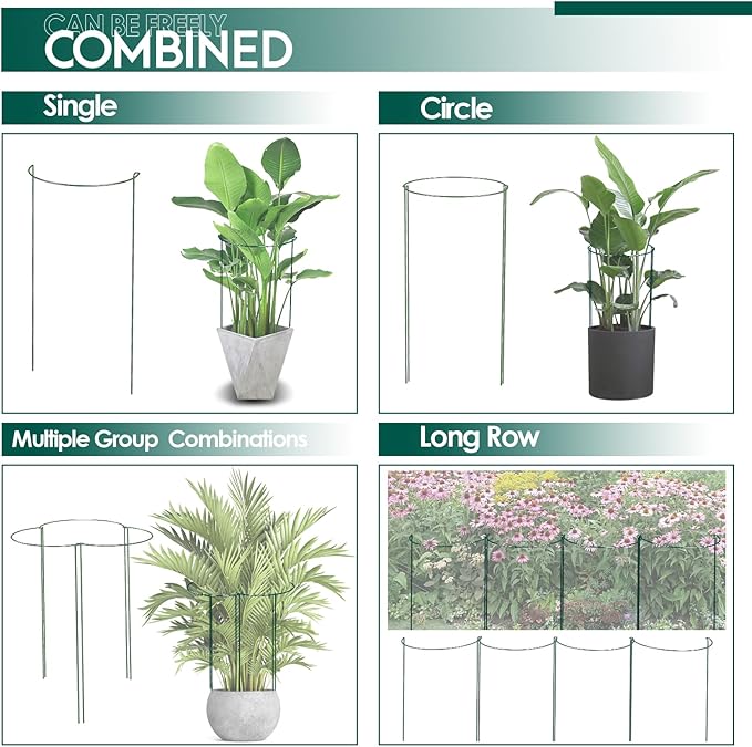 Plant Support Cages, 12 Half Round Green Iron Stakes with Ties