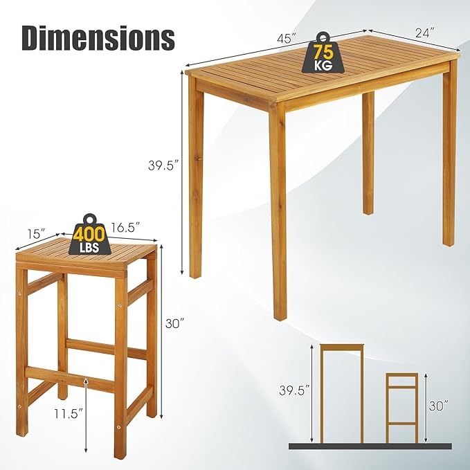 Tangkula 5 Piece Outdoor Acacia Wood Bar Table Set, Space-Saving Patio Dining - Image 3