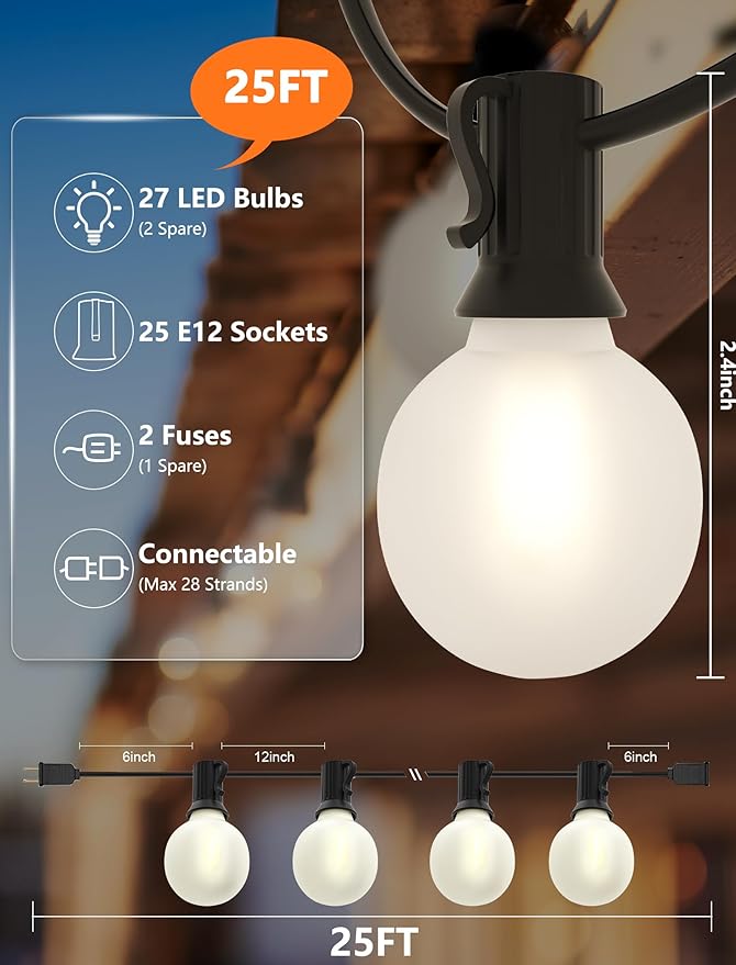 String Lights, 25FT Outdoor Globe Lights with 27 Frosted White LEDs