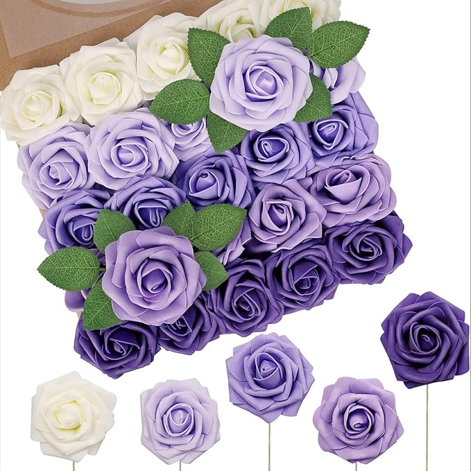 Artificial Flowers, 50 Purple Foam Roses with Stems and Leaves