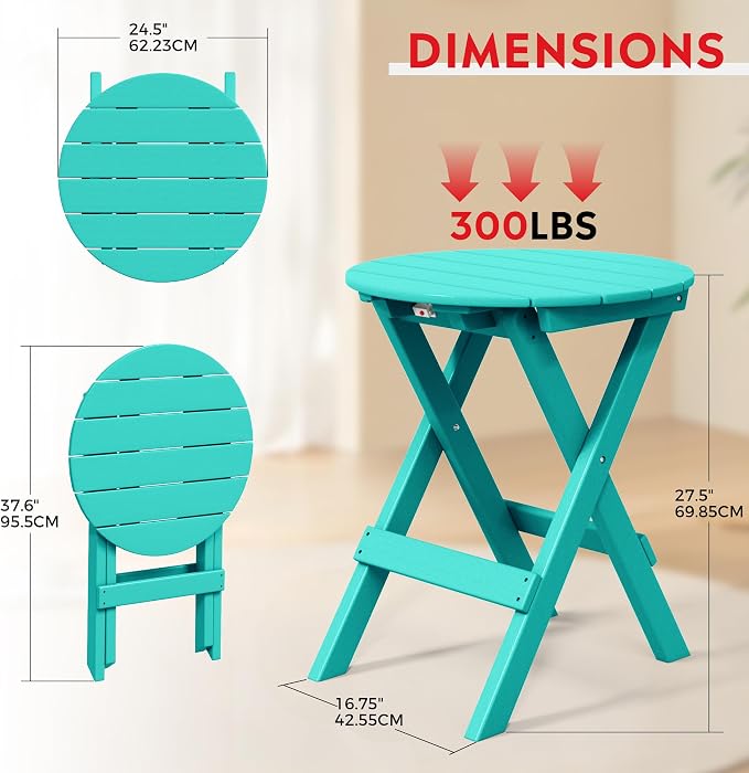 Dining Table, 24.5 Inch Turquoise HDPE Folding Patio Table