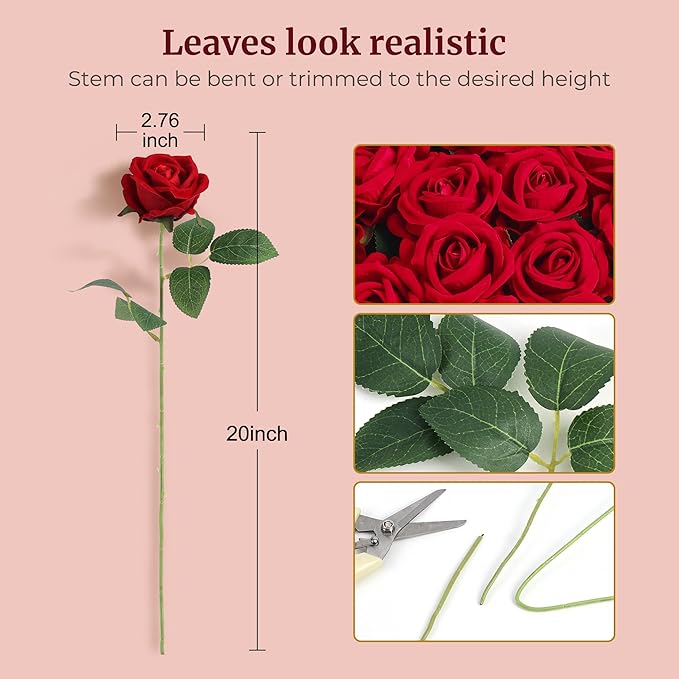 Artificial Flowers: 104 Pcs Red Faux Roses in Silk and Plastic