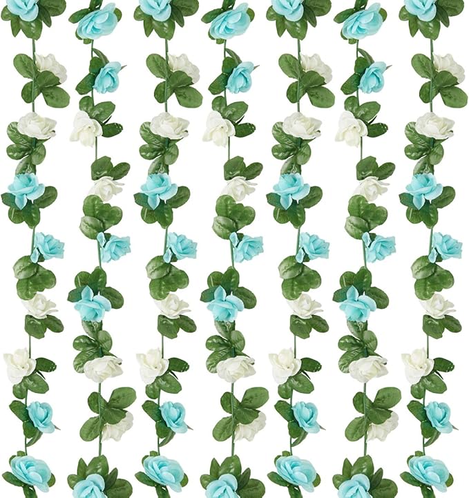 Artificial Flowers Rose Vine Garland, 8 Pack, 8.2 Ft Each, Blue and White