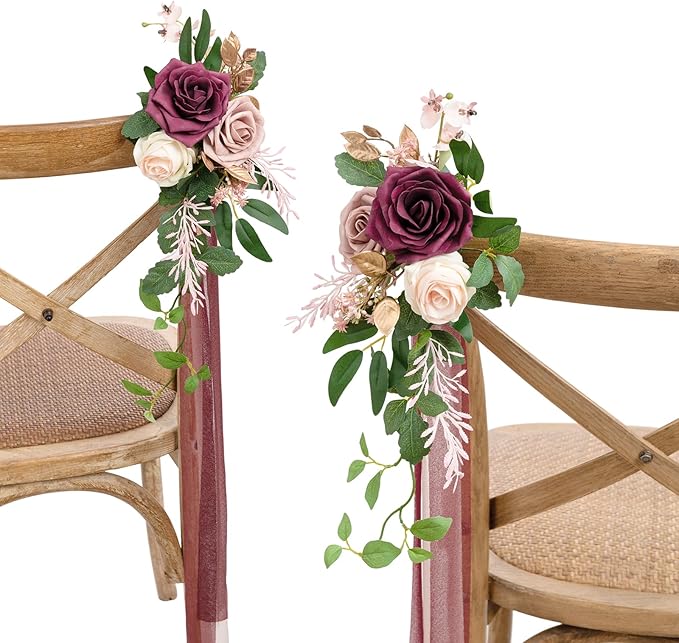Artificial Rose Aisle Pew Flowers, 8 Pcs Marsala Blush Wedding Chair Decor