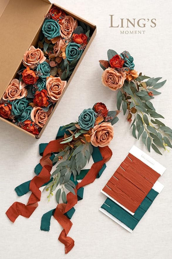 Artificial Flowers Set of 8 Aisle Pew Decor in Dark Teal and Burnt Orange