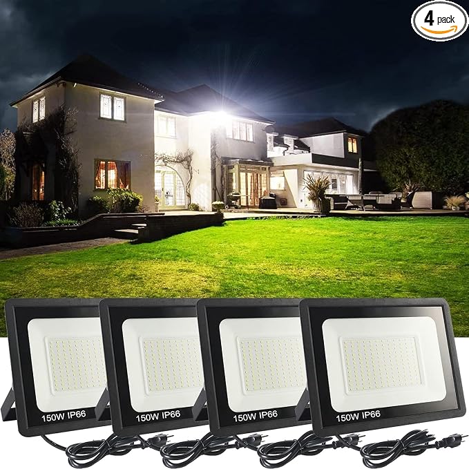 4Pack LED Flood Light Outdoor, 150W LED Work Light 15000lmwith 6FT US Plug by MUCLUD