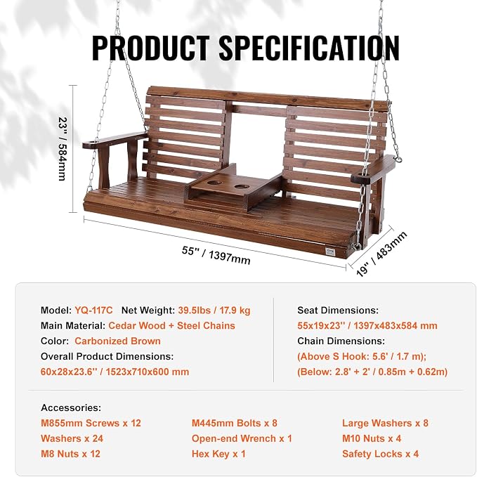 VEVOR Wooden Porch Swing 5 ft, Patio Bench Swing - Image 7