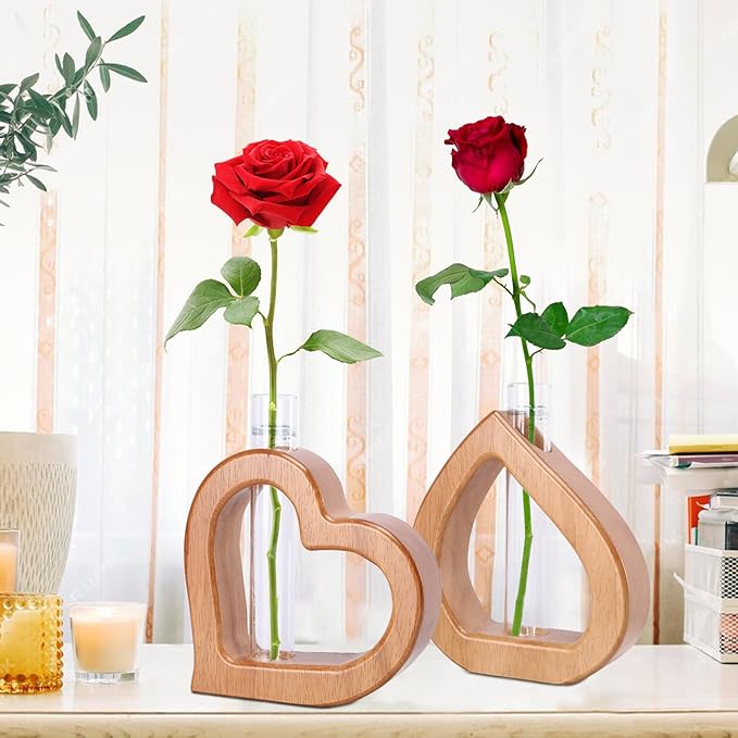 Terrarium Wall Planter, 2-Piece Heart-Shaped Pine Stand with Glass Tube