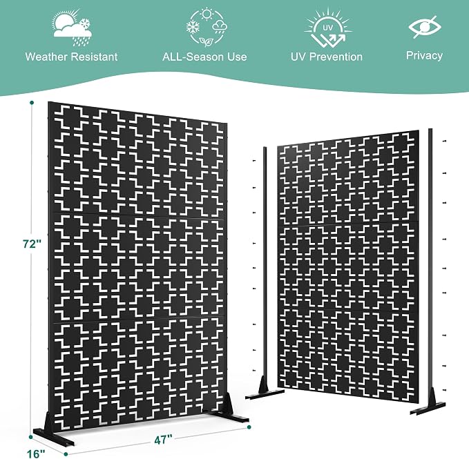 Decorative Fence Privacy Screen, Black Metal, 72 x 47 Inch Panel