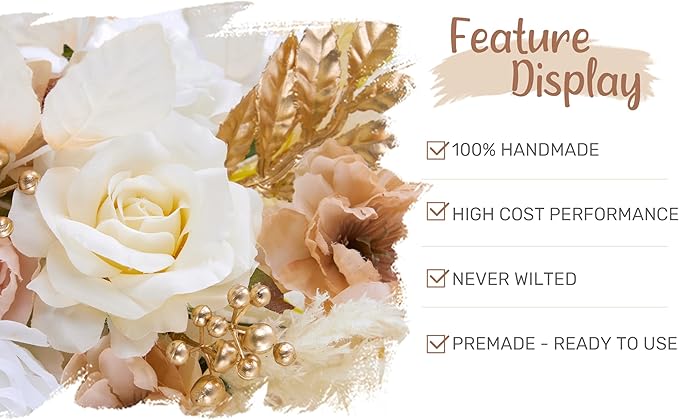 Artificial Flowers Wedding Arch Kit, Beige Silk Roses with Sheer Drapes