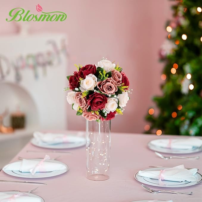 Artificial Flowers Silk Rose Balls for Centerpieces, Burgundy and Blush