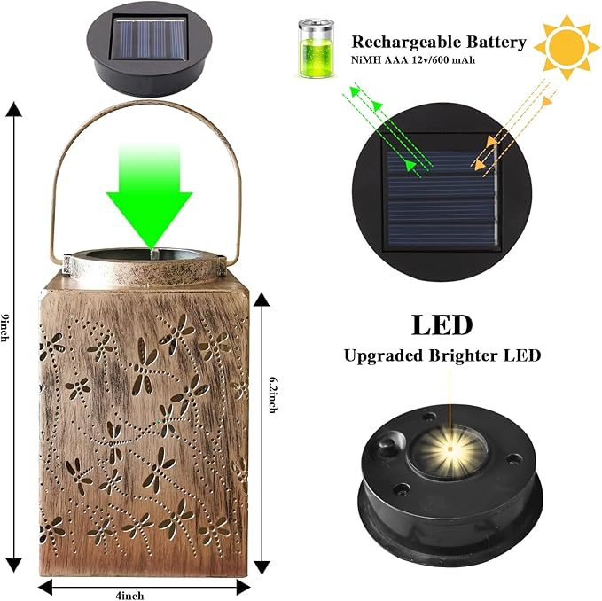 Solar Lanterns, 2 Pack, Bronze Metal, IP65 Waterproof for Outdoor Use