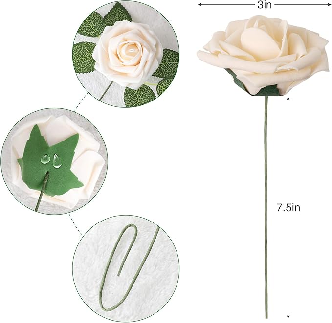 Artificial Flowers: 50 Champagne Rose Heads with Wire Stems, Foam