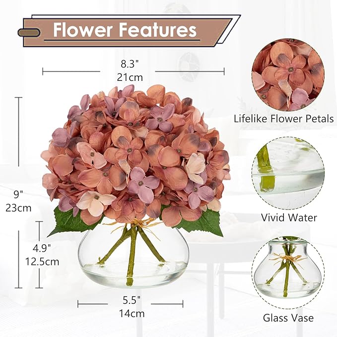 Artificial Hydrangea Flowers with Glass Vase, Dark Peach Silk Arrangement