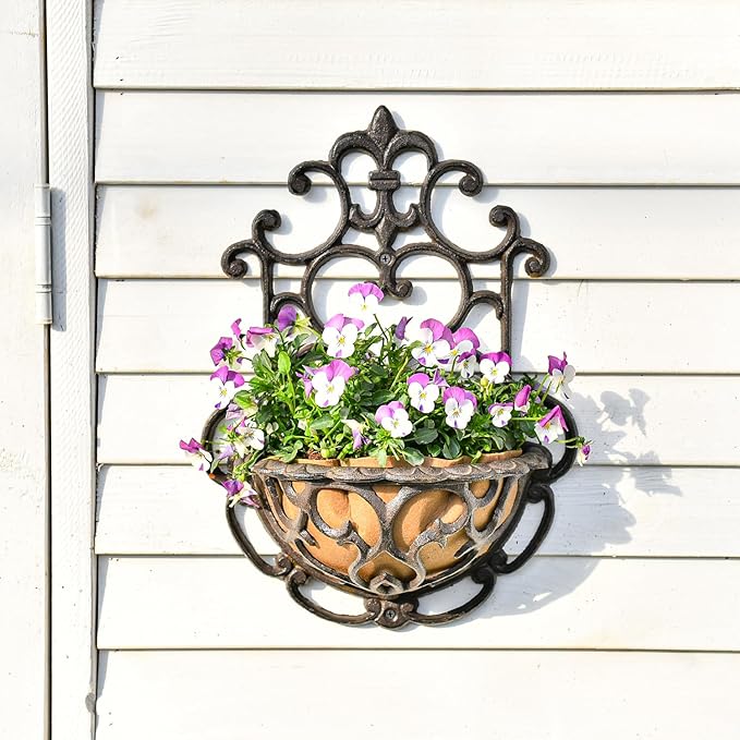 Hanging Planters: Rustic Brown Cast Iron Half Round Wall Baskets, Set of 2
