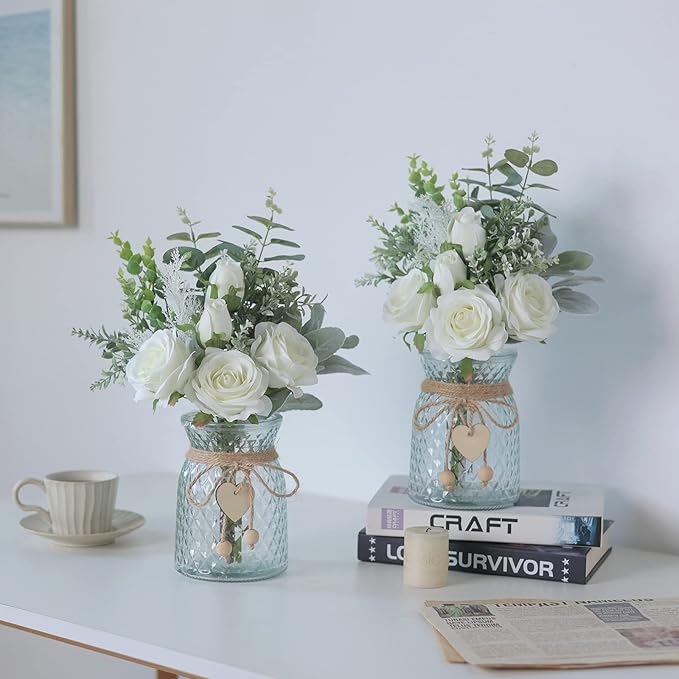 Artificial Flowers with Glass Vase, 14.5-Inch White Silk Roses Bouquet