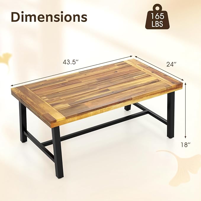 Tangkula Outdoor Acacia Wood Coffee Table, Rectangle Rustic Accent Table - Image 3
