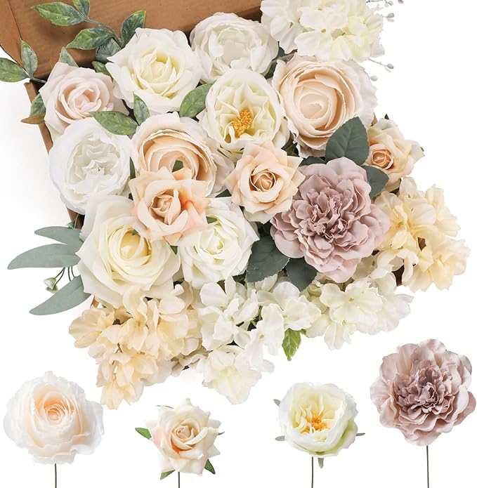 Artificial Flowers Set White Silk Mix, 18 Pieces with 30 Plastic Stems